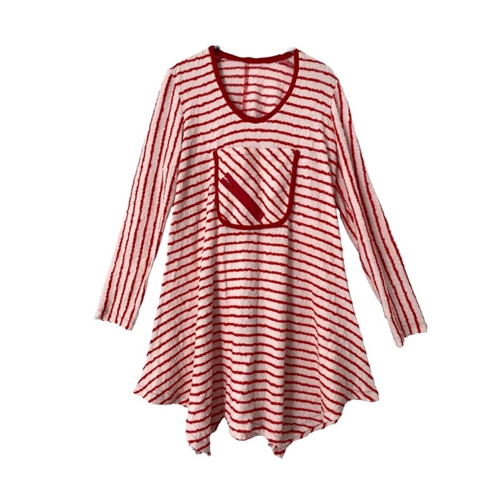 Vintage Y2K Tunic Top Dress Stretch Asymmetrical Hem Striped Zipper Red White M